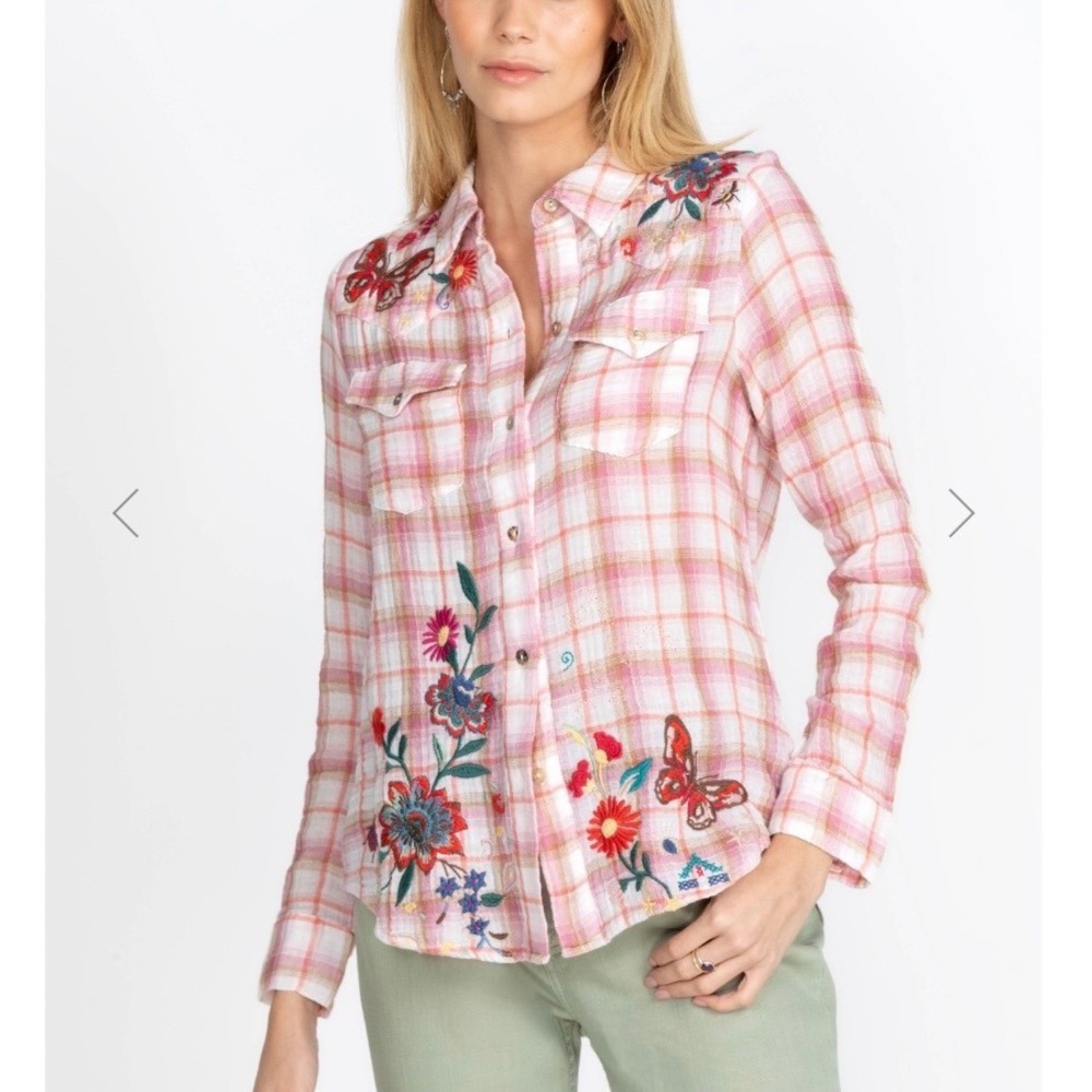 Johnny Was Olinda Plaid Western Button Shirt Floral Butterfly Embroidered XS